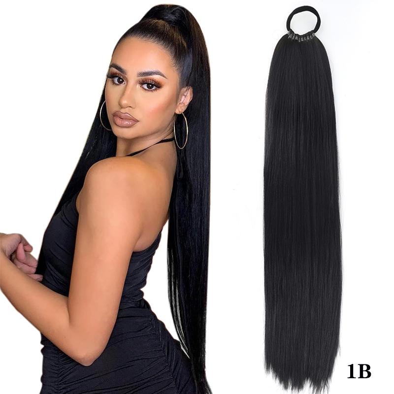 24 Zoll Yaki Straight Synthetischer Pferdeschwanz Haarteil mit Wickel-Puff Elastikband Natürlicher Look Haarverlängerung für Frauen 60CM
