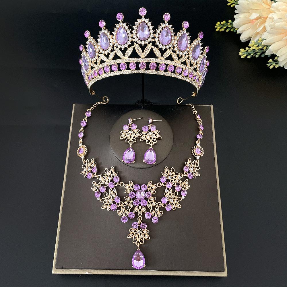Lila Brautkrone Dreiteiliges Set Hochzeitskrone Tiara Halskette Ohrringe Koreanisch Super Fee Hochzeitskleid Accessoires gray