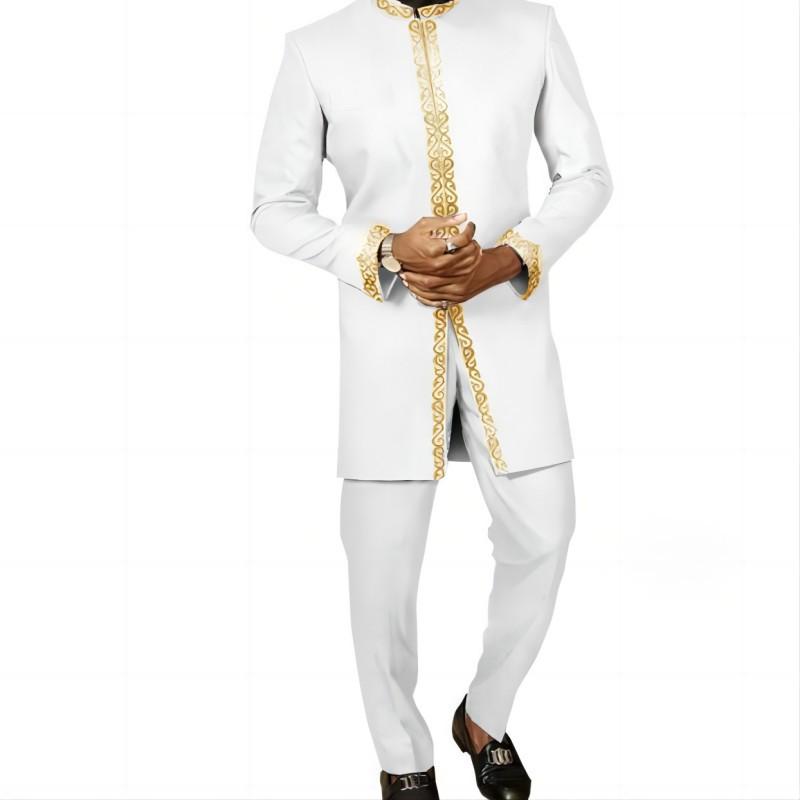 Weißer Kaftan Herrenanzug mit Stickerei, Blumenmuster, Oberteil und Hose, Kaunda-Anzug, lässige Outfits, traditionelles 2-teiliges Set XL weiß