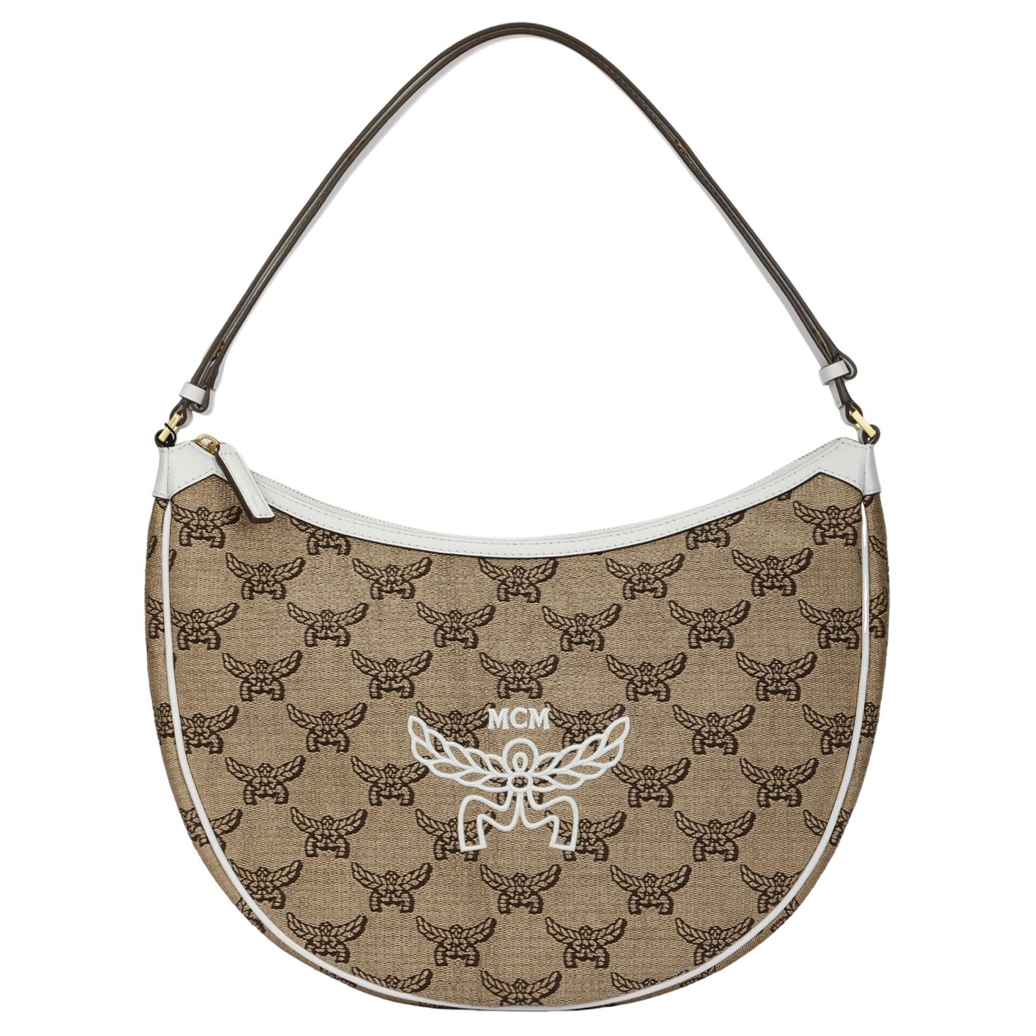 MCM Himmel Lauretos Logo Stickerei Messingbeschläge Jacquardstoff Hobo Umhängetasche Mittel Beige Damen Taschen MWHFSAC03IN001 Basic Set (Bag+Dust Bag)