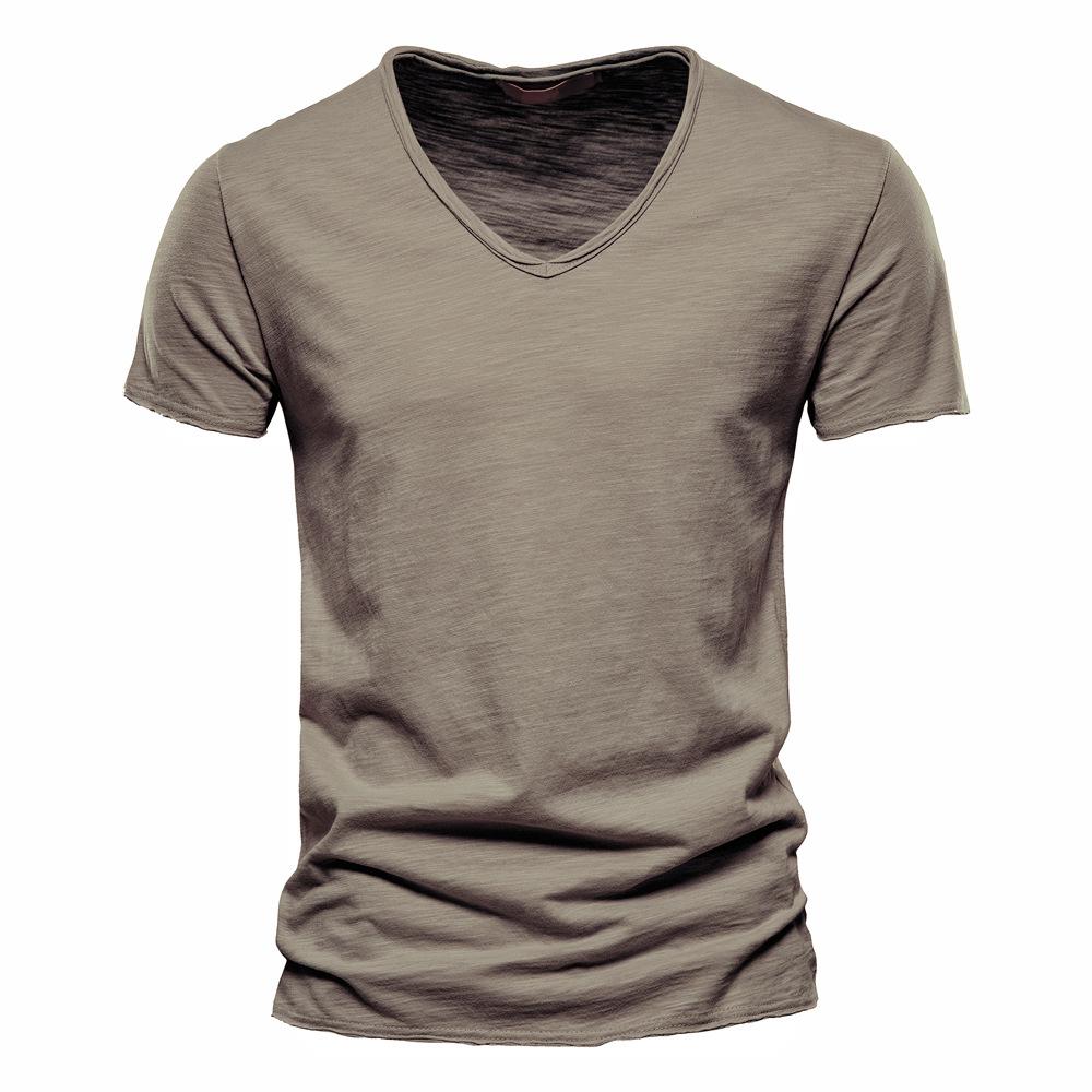 Herren Sommer Einfarbig V-Ausschnitt Kurzarm T-Shirt Baumwolle Oberteil Europäischer und Amerikanischer Stil Herrenmode S hellbraun