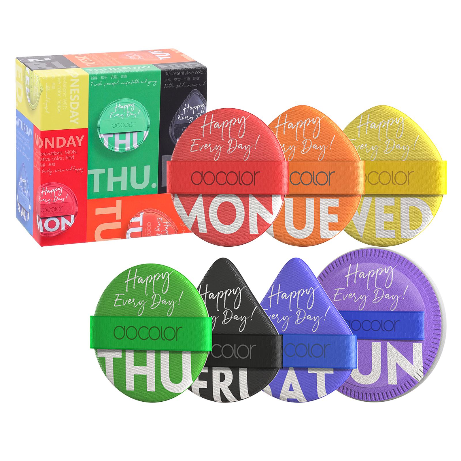 Dooclor 7er-Pack Week Color Puff Set, Puderquasten für Gesichtspuder, 3 Formen Puderquaste für loses Puder, Make-up-Schwamm, Beauty-Make-up-Tools 9.8*9.8*6cm