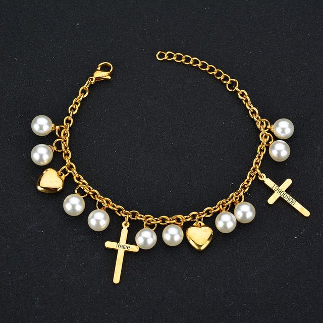 Armband Edelstahl Name Benutzerdefiniert Gravur Kreuz Personalisiert Herz Buchstabenarmband O-Kette Perle Mode Geschenk für Frauen Mädchen