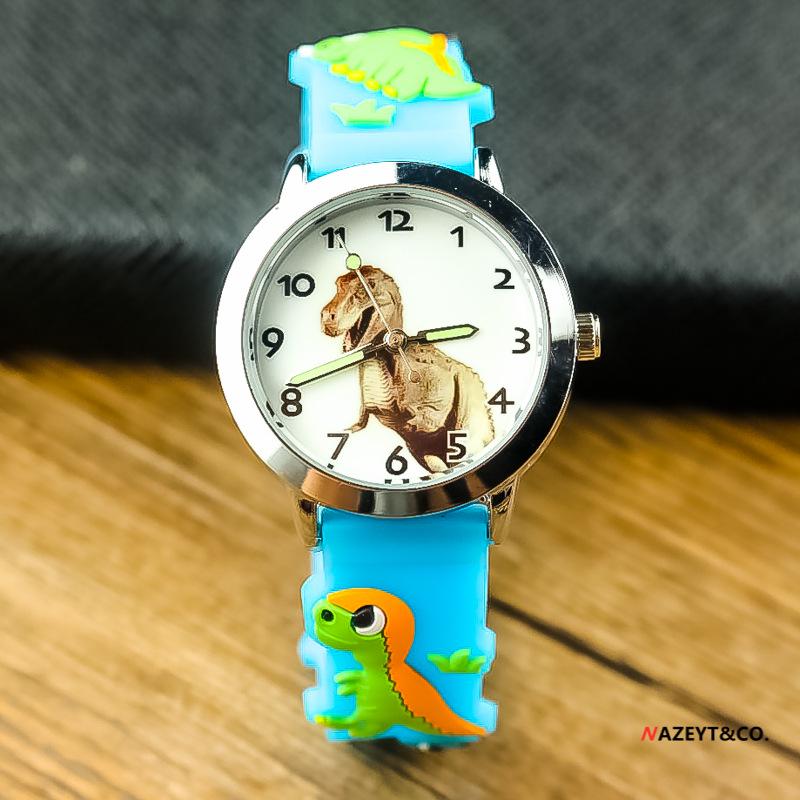 Niedliche 3D Dinosaurier Wasserdichte Kinder Quarz Armbanduhr – Koreanischer Stil T-Rex Armbanduhr für Kindergartenjungen cyanblau