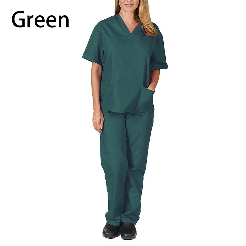 2-teiliges Outfit für Damen, Krankenpflege, Arbeitskleidung, schnell trocknend, kurzärmelig, V-Ausschnitt, Krankenschwesteranzug, Oberteile + lockere Hosen S grün