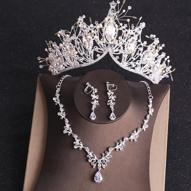 Kostüm Braut Schmuck Sets Strass Kristall Gold Tiara Krone Ohrringe Halskette Hochzeit Braut Luxus Schmuck Set gray