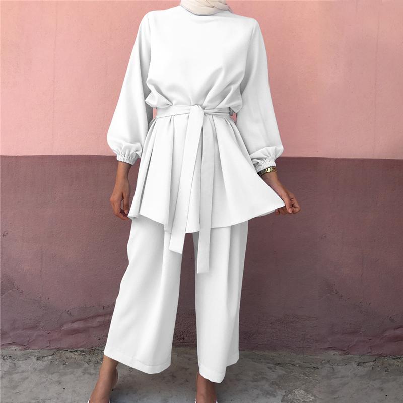 Muslimische Frauen Abaya Set Lange Bluse Tops Hosen Kaftan Kleid Outfit Roben Anzug S weiß