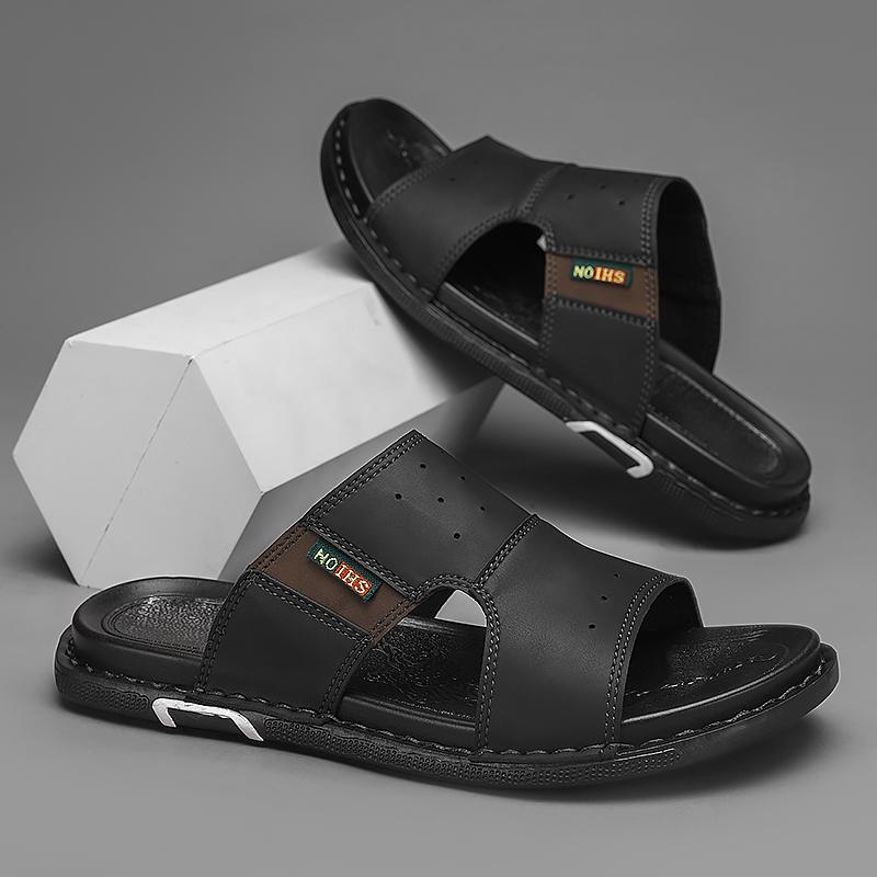 Supergroße Herren-Sandalen Klassische Leder-Hausschuhe Sommerliche Weichsohlen-Hausschuhe Leichte Outdoor-Herren-Hausschuhe 43 schwarz