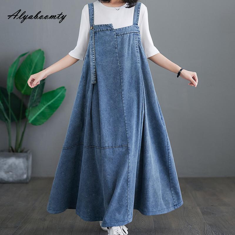 Plus Größe Koreanischen Stil Frühling Sommer Frauen Lange Denim Sommerkleid Hosenträger Übergroßen Blau Schwarz Baggy Kleid Ärmelloses Vintage Lose kleid M blau