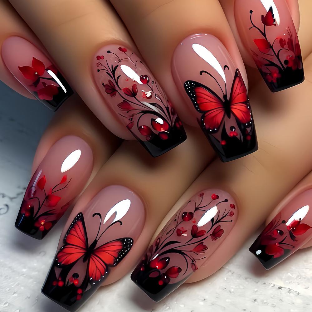 24 Stück Gothic Falsche Nägel Dunkelrot Rankenmuster Mittel Sarg Aufkleben Nagel Süß Cool Glänzend Französisch Falscher Nagel Spice Girl