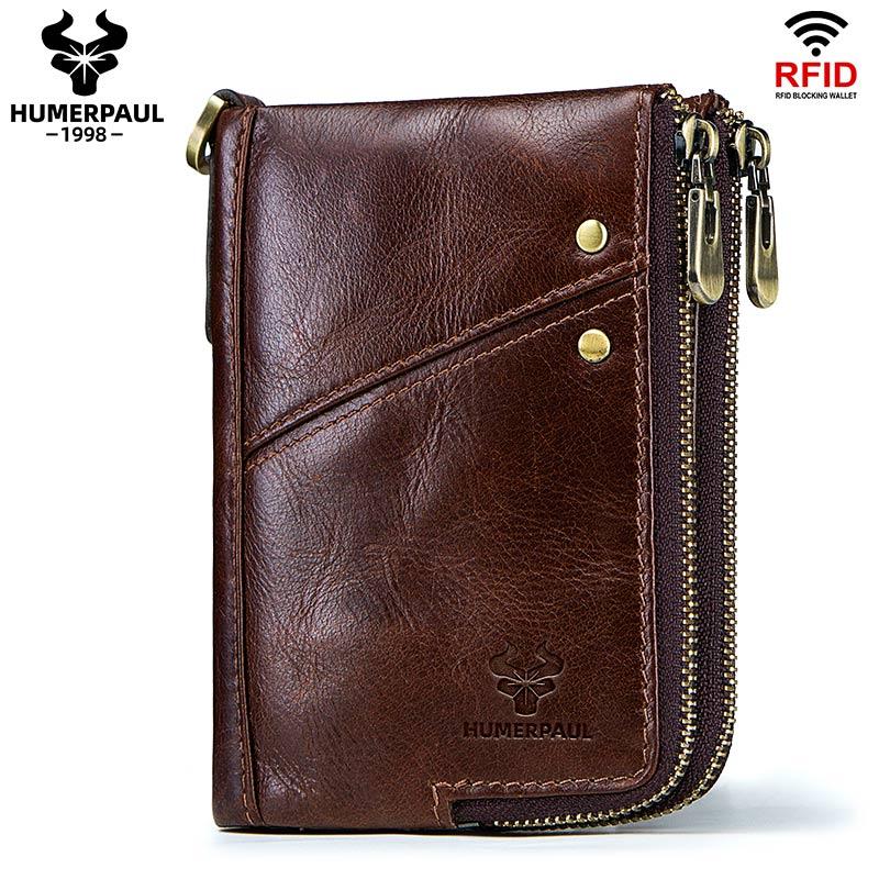 HUMERPAUL Herren-Geldbörse aus echtem Leder, RFID-blockierend, doppelter Reißverschluss, schmale horizontale Bifold-Geldbörse kaffeebraun