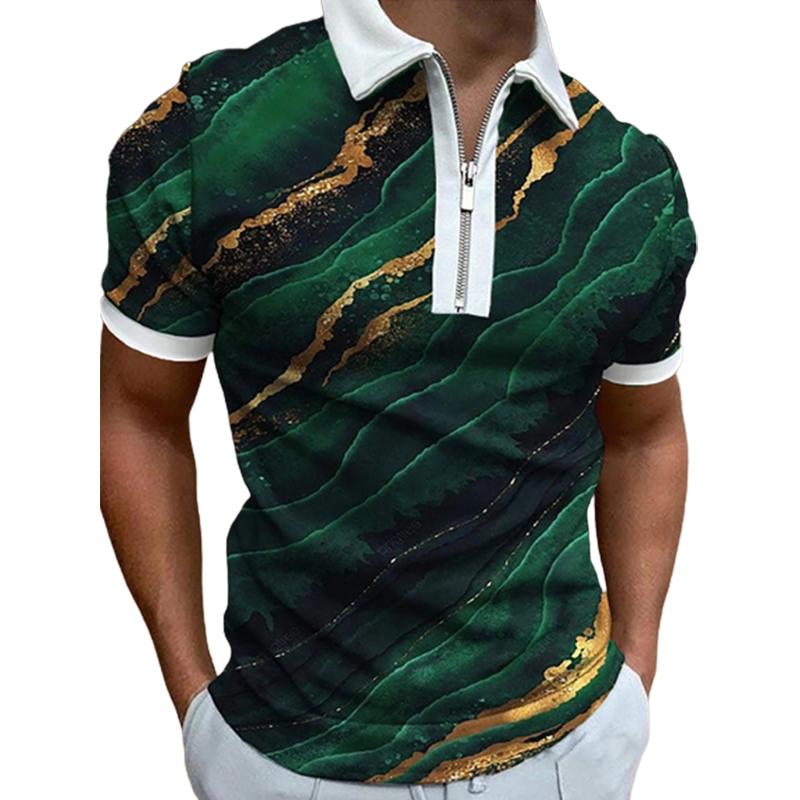 Lässiges Revers-T-Shirt, junges Herrenmode-Reißverschluss-T-Shirt, kurzärmliges T-Shirt, Herren-T-Shirt mit 3D-Blue-See-Wasser-Aufdruck M grün