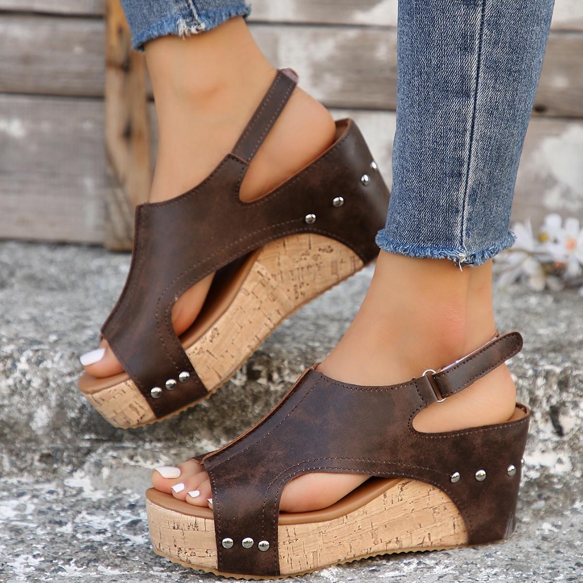 Sommerschuhe Schwarz Plateau Keilabsatz für Gummisohle Schnalle Peep Toe Elegante Damenschuhe Sandalias Große Größe 39 braun