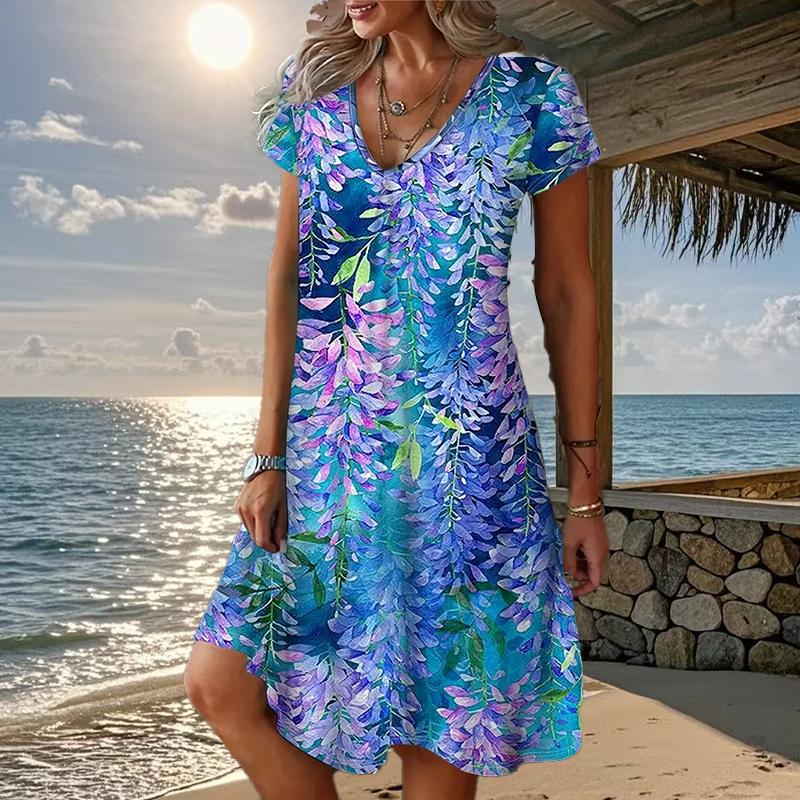 Sommermode Damen V-Ausschnitt Kurzarm Blumen bedrucktes Kleid Sex Kurzer Rock Kleider 8XL violett