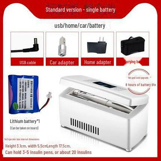 Tragbarer Mini-Kühlschrank für Auto, Zuhause, Medikamente und Insulin battery life about eight hours weiß