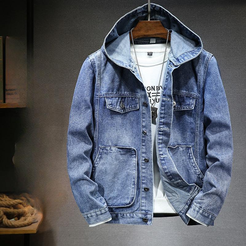 Windjacke für Herren im Frühjahr und Herbst, winddichte Jacke mit Kapuze, gewaschene Jeansjacke, Jeansjacke in Übergröße 4XL blau