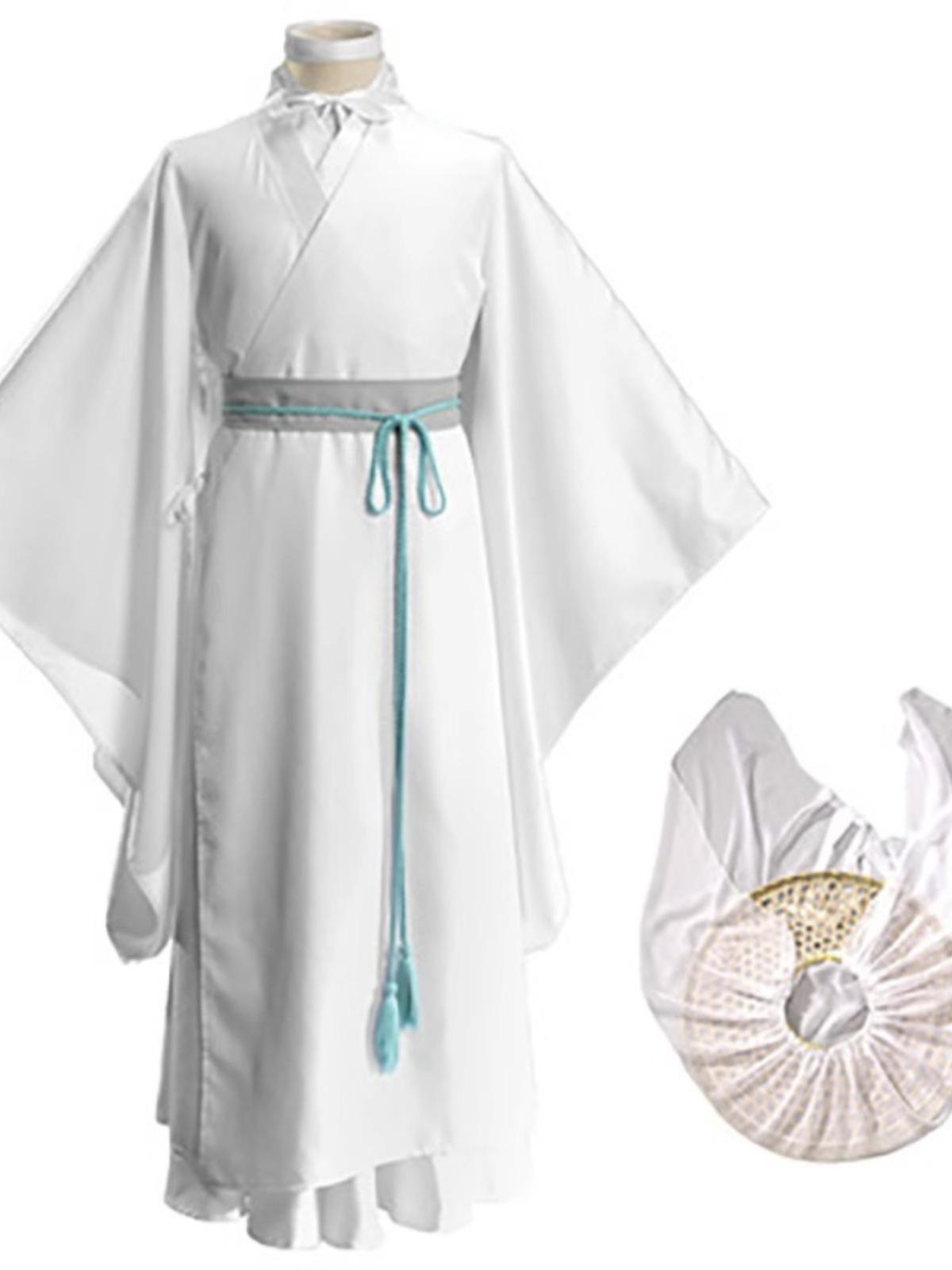Xie Lian Voll-Cosplay-Set: Perücke, Hanfu, Hemd, Hut und Kostüm des antiken Yue Shen mit weiten Ärmeln. S white