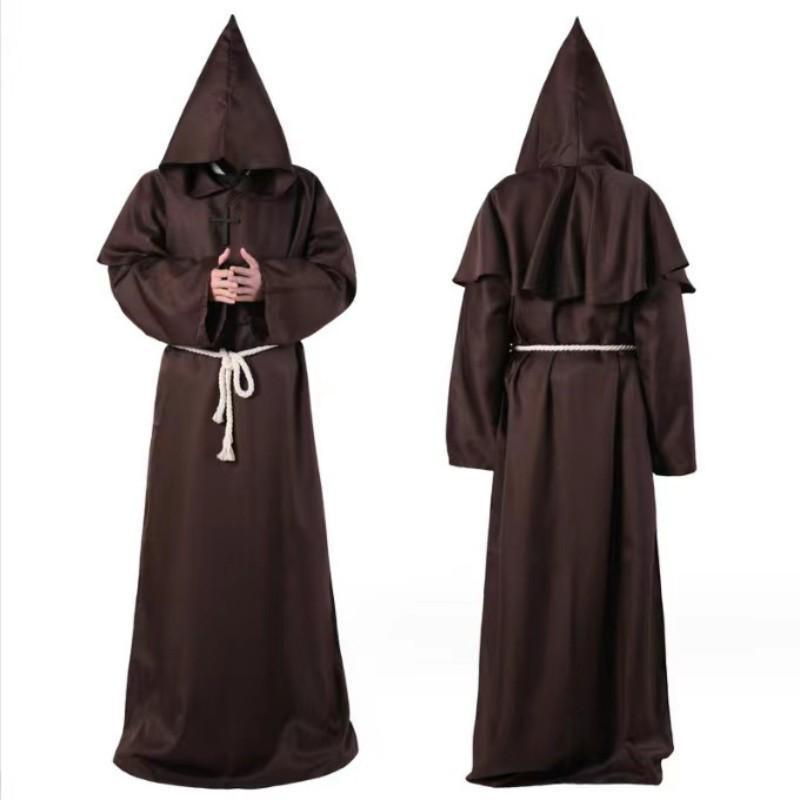 Mönch Robe Mittelalter Mönch Mönch Priester Mit Kapuze Robe Umhang Halloween Tunika Mit Kapuze Uniform Mönch Kostüm Cosplay Kostüm XL braun