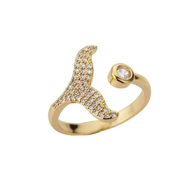 Zirkon Gold Meerjungfrauenring für Damen Offen Verstellbar Fischschwanz Fisch Welle Kristallring Hochzeitsverlobungsring Damen Schmuck Geschenk gold