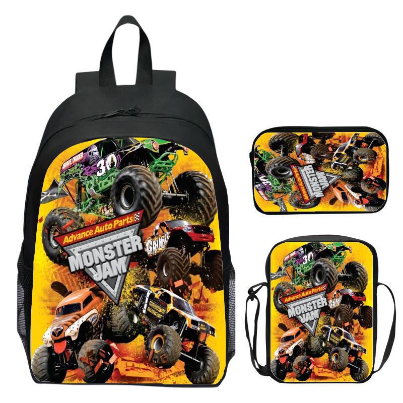 Monster Jam Monster Truck Dreiteiliges Set Kinderrucksack Grundschulrucksack Kindergartenrucksack
