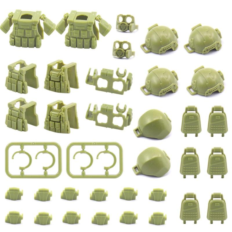 MOC Military 46-teiliges Rüstungszubehörpaket mit Minifiguren, kompatibel mit führenden Marken-Armeesoldaten-Bausteinen, Ziegelsteinspielzeug für Kinder grün