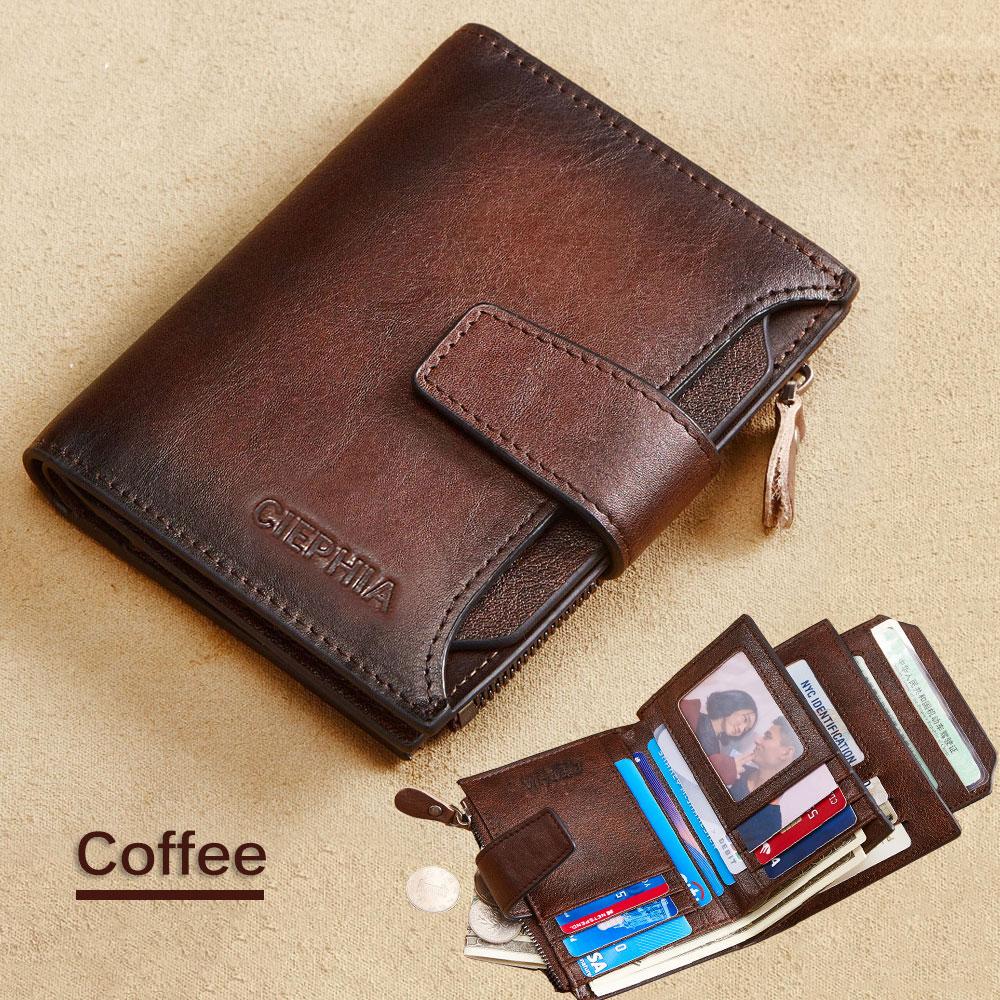 Herren-Geldbörse aus echtem Leder, Vintage, kurz, Multifunktions-Kartenfächer, RFID-blockierender Schutz, Reißverschluss, Münzfach, Geldbeutel L kaffeebraun