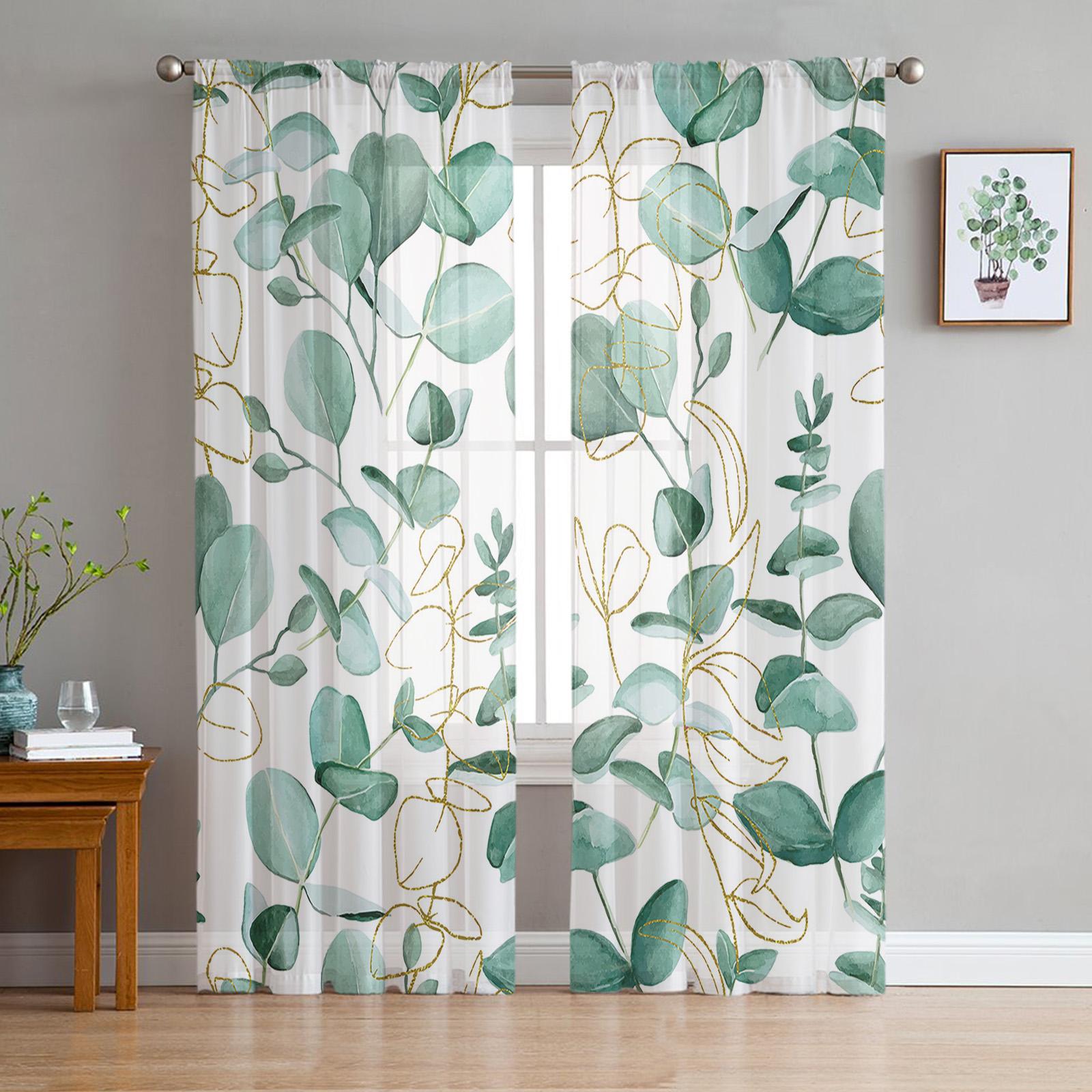 Grüne Blatt-Eukalyptus-Pflanze, Tüll-Voile-Vorhänge für Schlafzimmer, Fenstervorhang für Wohnzimmer, durchsichtige Vorhänge, Jalousien, Organza-Vorhänge 1 PCS W100XH250cm&Grommet Top white