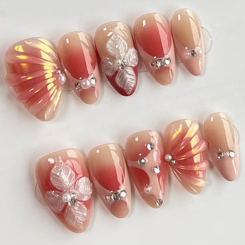 24 Stück Süße Rosa Smudging French Press auf Nägeln Vollabdeckung 3D Blume Seestern Mandel Falsche Nägel für Frauen Mode Schönheit Ins Nagel