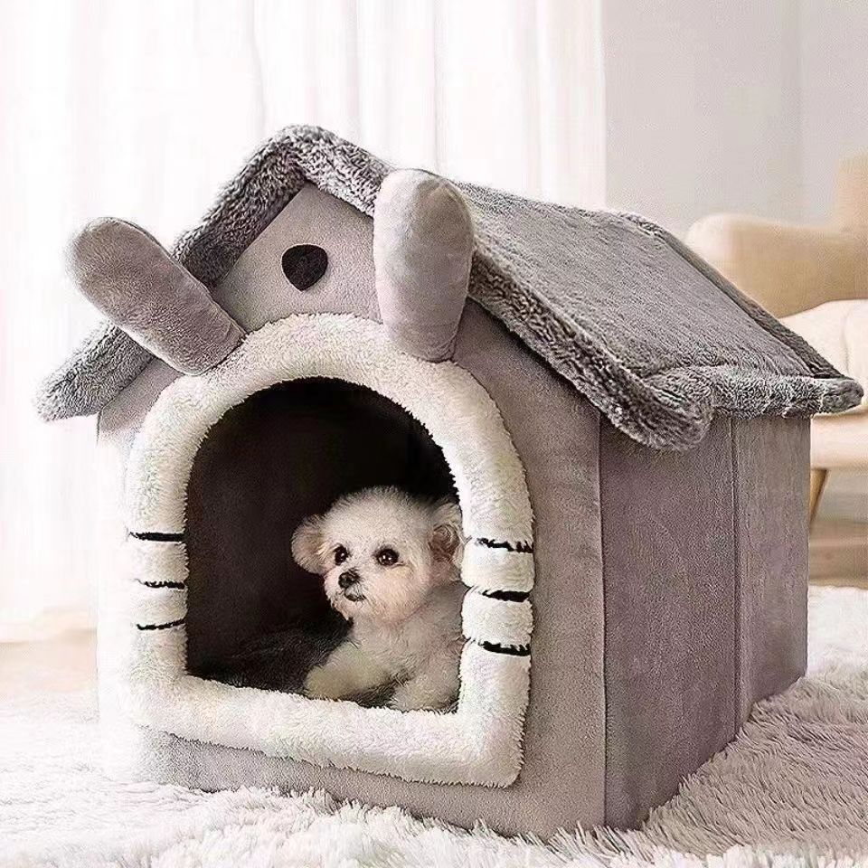 Ganzjahres-Hundehaus-Stilbett - Abnehmbares waschbares Haustierbett für kleine Hunde Teddy Winter warm Katze Hundehütte M