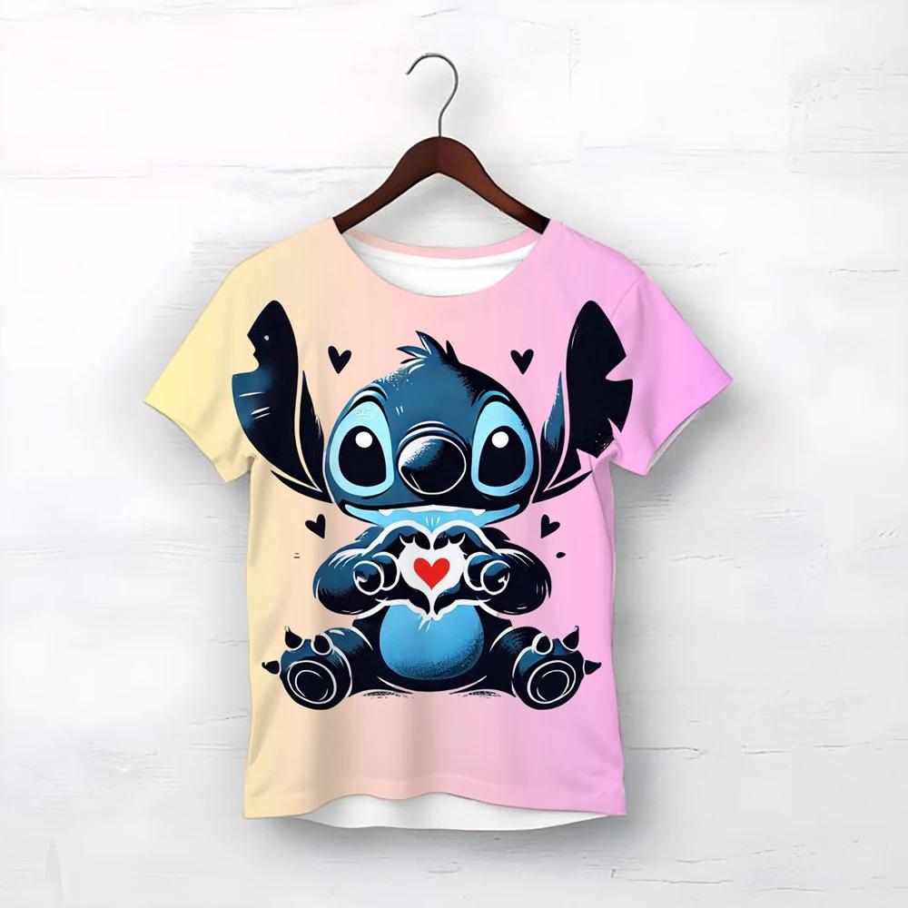 MINISO Disney Cartoon Niedlicher Stitch-Druck Babykleidung 3 bis 14 Jahre Männlich Outdoor-Kleidung Jungenkleidung Mädchen T-Shirt Teen Top Shirts 140 pink