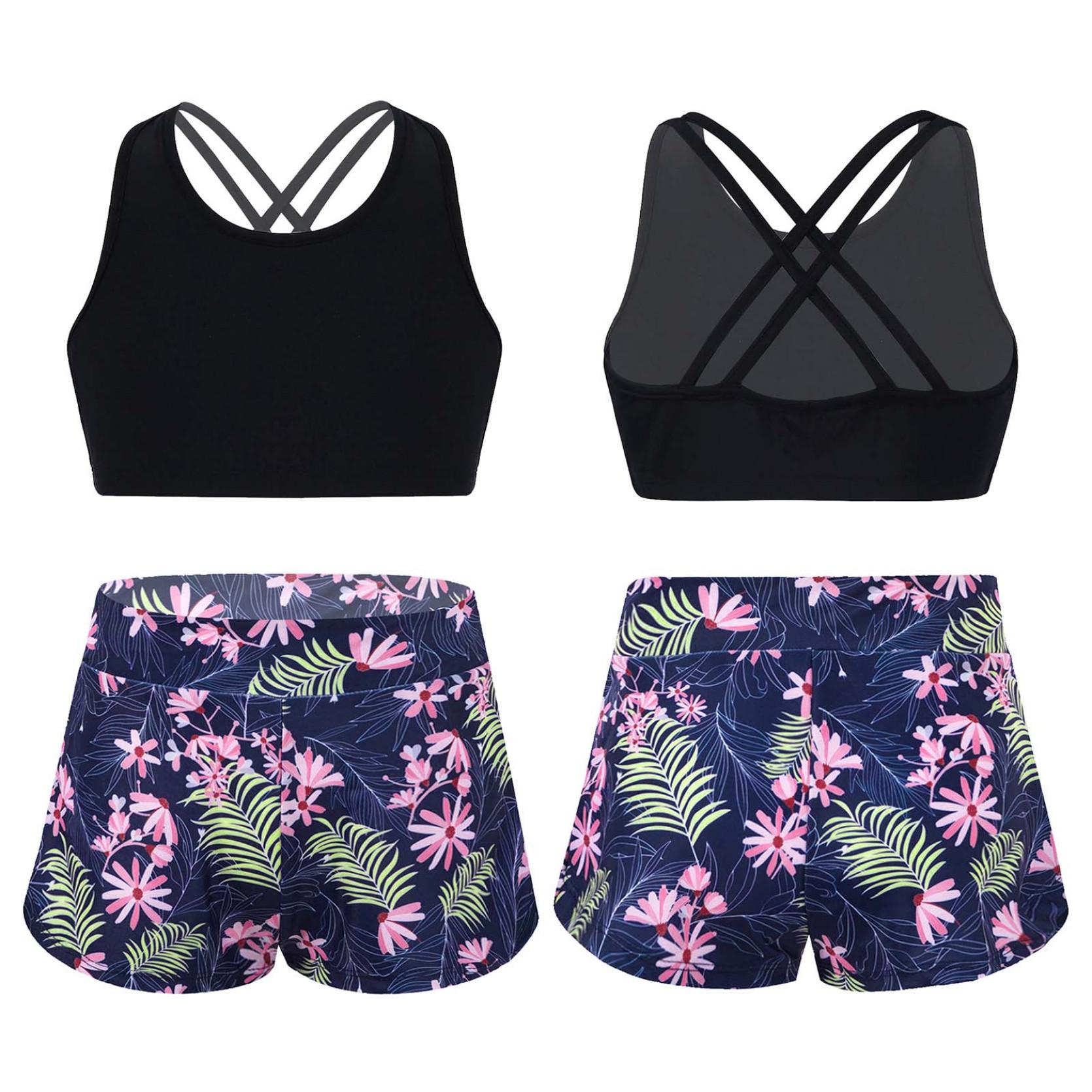 Kinder Mädchen bedrucktes Rash Guard Tankini Sport Crop Top + Badeshorts Badeanzug Strandbadebekleidung 5-6 Years navy blau