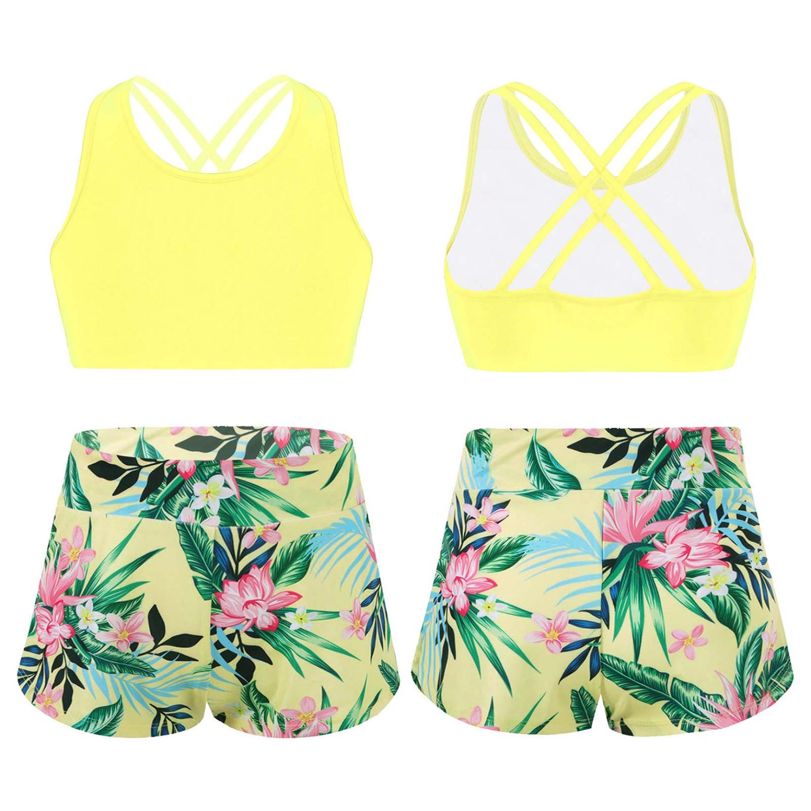 Kinder Mädchen bedrucktes Rash Guard Tankini Sport Crop Top + Badeshorts Badeanzug Strandbadebekleidung 7-8 Years gelb