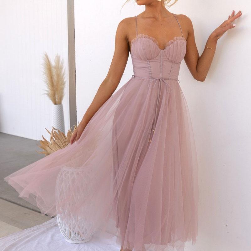 Damen Kleider Mesh Abendkleid Spaghettiträger Formelle Partykleid Kleid S rosa