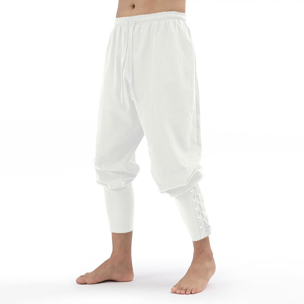 Herren Vintage Hose Mittelalter Wikinger Piraten Customets Schnürhose aus Baumwolle und Leinen Halloween Cosplay Outfits M weiß