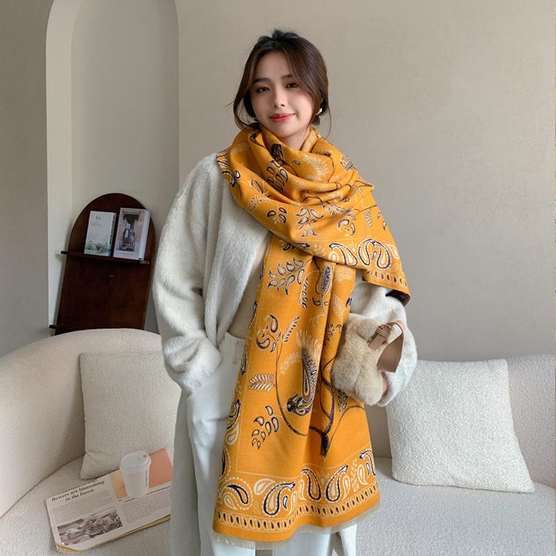 Leichter Luxus High-End Klimaanlagen-Schal mit Damen-Imitationskaschmir-Jacquard-Schal, vielseitiger Fransen-Warmschal 190 gelb