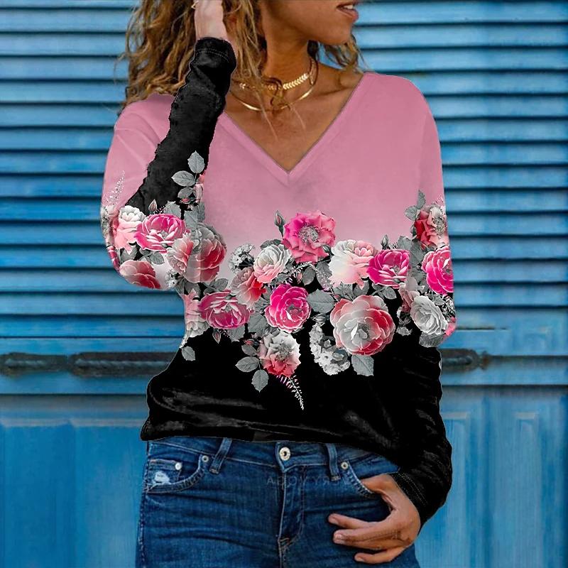 3D-Druck Rose Frauen T-Shirts Damen Tops Langarm V-Ausschnitt Pullover Femme T-Shirts T-Shirt für Frauen 5XL hellrosa
