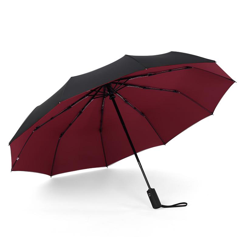 Vollautomatischer, winddichter, doppelschichtiger, regenfester Regenschirm für Herren und Damen, 10 K stark, großer Regenschirm, Sonnenschirm wein rot