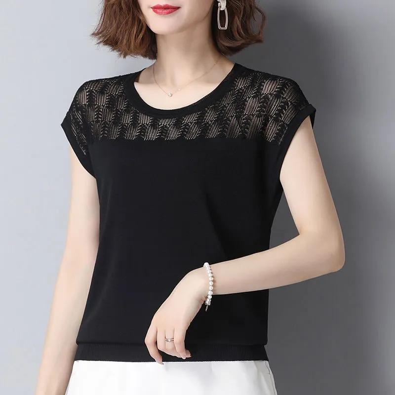 Sommer-Damen-Lose All-Match-Sonnenschutz-Shirts, dünne Tops, gestrickte Bodenbildungs-Shirts S schwarz