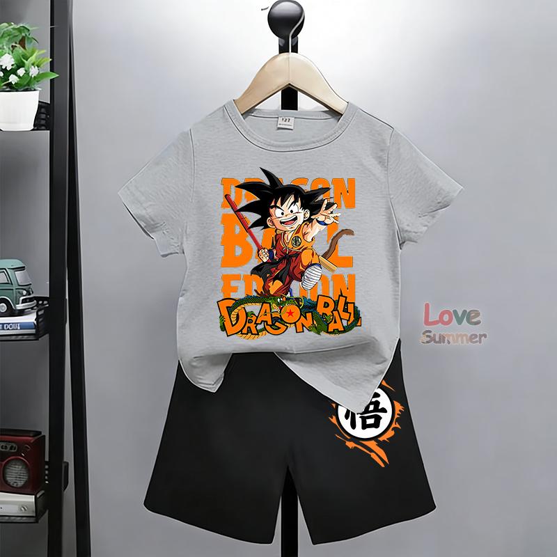 Goku Print T-Shirt Shorts Anzüge, Geeignet für Jungen Dragon Ball. Atmungsaktiv Perfekt für den täglichen Freizeitgebrauch Outdoor-Aktivitäten 160 gray