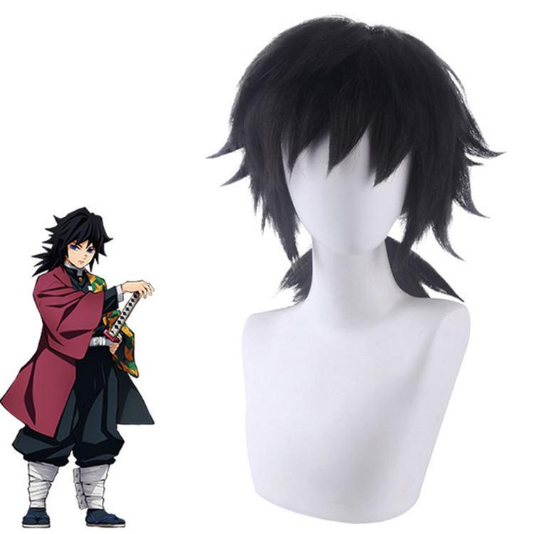 Dämonentöter Kimetsu no Yaiba Tomioka Giyuu Naturschwarz hitzebeständige Cosplay-Kostüm-Perücken + Perückenkappe schwarz