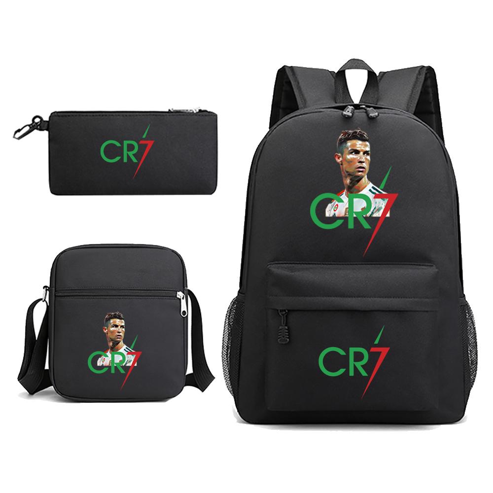 CR7 Rucksack 3-teilig Reisetasche Canvas Rucksack Schultasche für Jungen Mädchen Canvas Teenager Laptop Reißverschluss Studenten Mochilas 15.6 inch schwarz