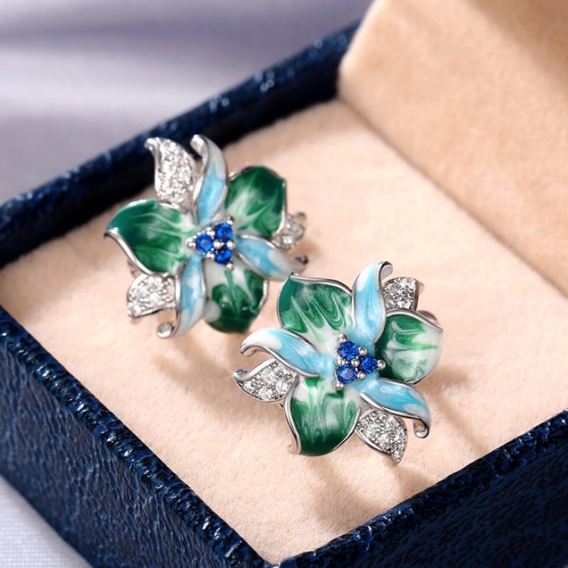 Grün Blaue Blumen Ohrringe Damen Einlegearbeit Funkelnde Zirkonia Ausgefallen Jubiläumsgeschenk Neu Designte Blumen Ohrschmuck