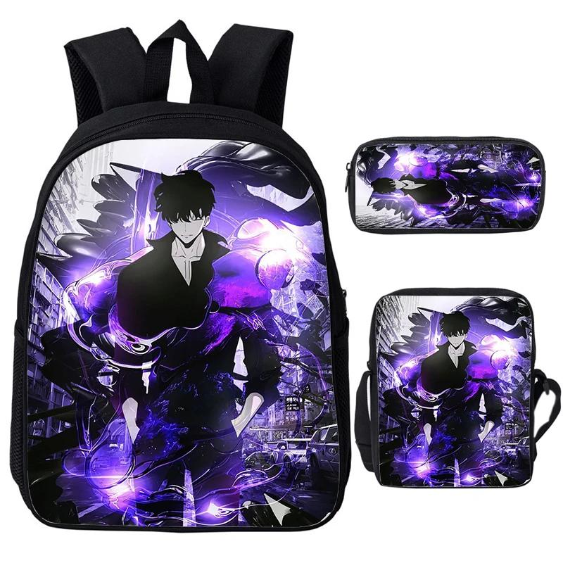 Solo Leveling IGRIS Kinderrucksäcke Umhängetasche Federmäppchen 3er Set Große Kapazität Schultaschen für Jungen Mädchen Reise Tagesrucksäcke purple