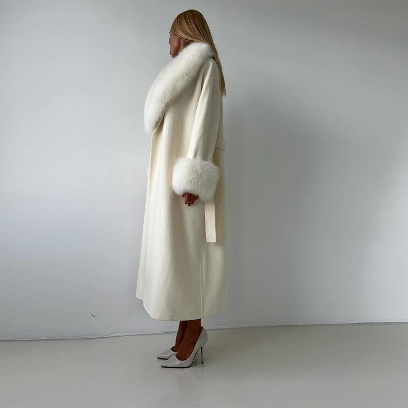 Pelzkragen Schnürwollmantel Damen Herbst und Winter Neuer dicker Mantel Einfarbig Langer modischer Mantel S weiß
