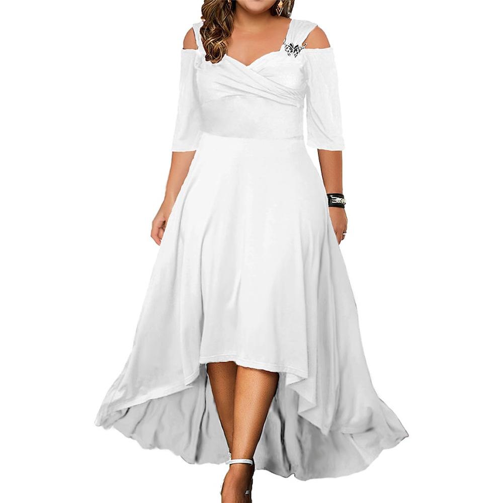 Plus Size Damen Sommer V-Ausschnitt Schulterfrei Midikleid Damen Elegantes Partykleid Swing Kleider Abendkleid XXL weiß