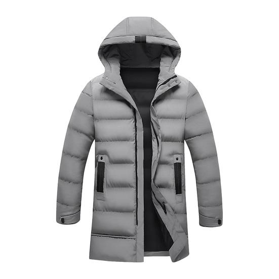 Herren Baumwollmantel mit Kapuze, lange Ärmel, Taschen, lange Daunenjacke, Reißverschlussleiste, einfarbige Taschen, verdickte Freizeit-Oberbekleidung M grau
