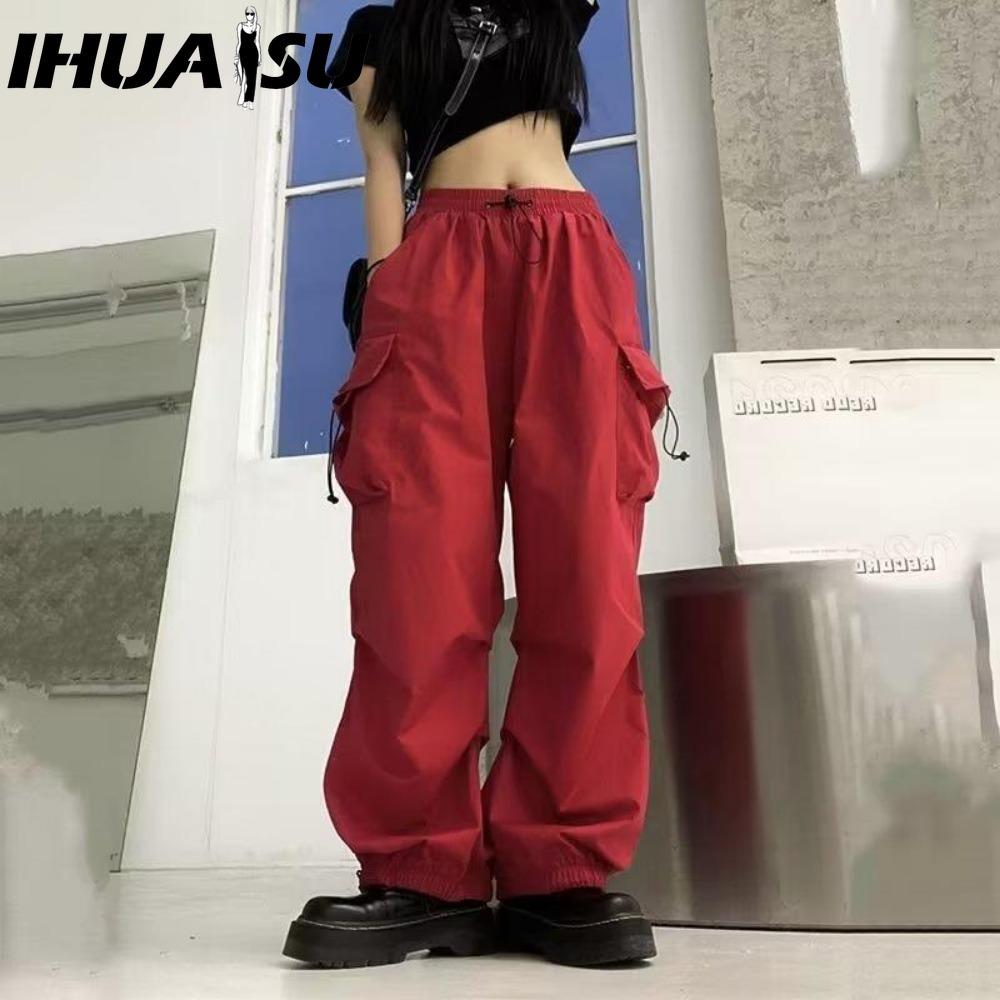 IHUASU Damen Hip Hop Cargo Hose Baggy Einfarbig Elastischer Bund Hose Locker Atmungsaktiv Damen Hose XXL rot