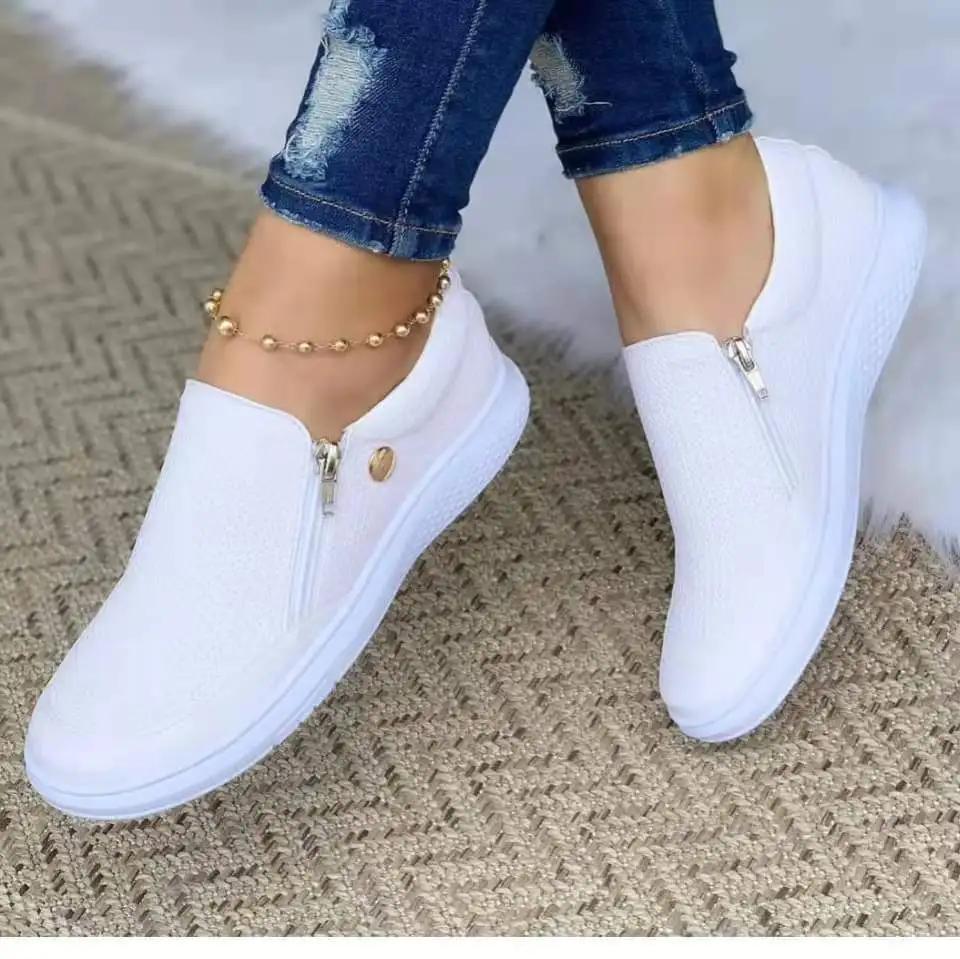 Damen Schuhe Mode Runde Zehen Flats Loafers Damen Slipper Reißverschluss Freizeitschuhe Herbstmode Damen Mokassins Übergröße 43 42 weiß
