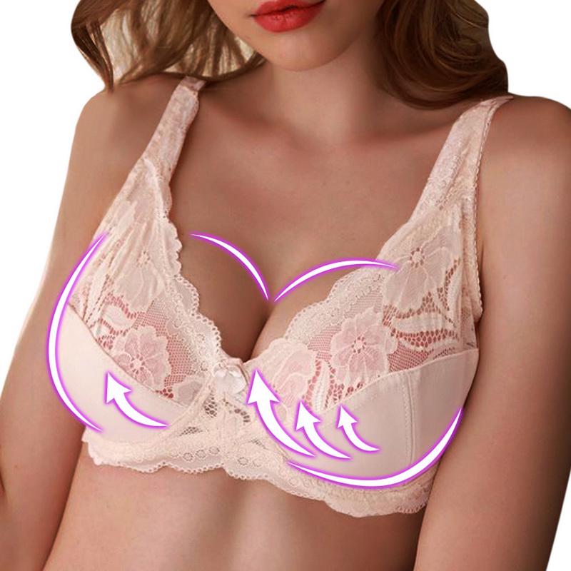 Mode Weibliche Plus Größe Bhs Frauen Sexy Spitze Push-Up Bh Einfarbig Bogen Bhs Unterwäsche Anpassung Hohl Sammeln Bügel bh 46/105D beige