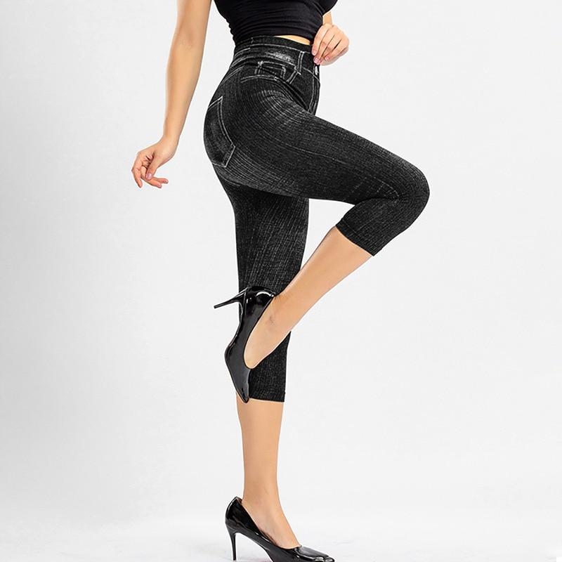 Damen-Leggings mit Denim-Aufdruck, modische schlanke Leggings, Faux-Jeans-Leggings, Stretch-bedruckte kurze Leggins-Hosen XXXL schwarz